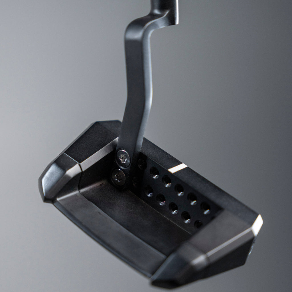 Evolve Putter system with the Long neck attached on the far side of the putter head, reactor attached on back