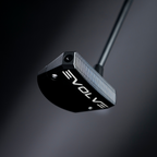 A close-up studio shot of a black golf putter head with the brand name 'EVOLVE' printed in white on the face, suspended against a dark gradient background.